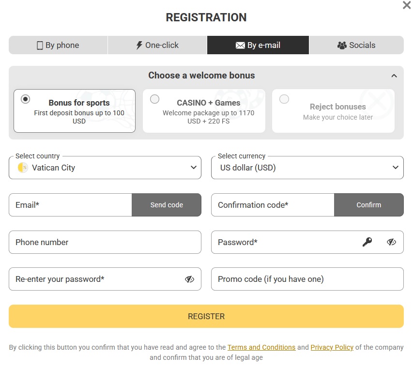 MELBET registration form: one-click, by phone, by e-mail or social networks